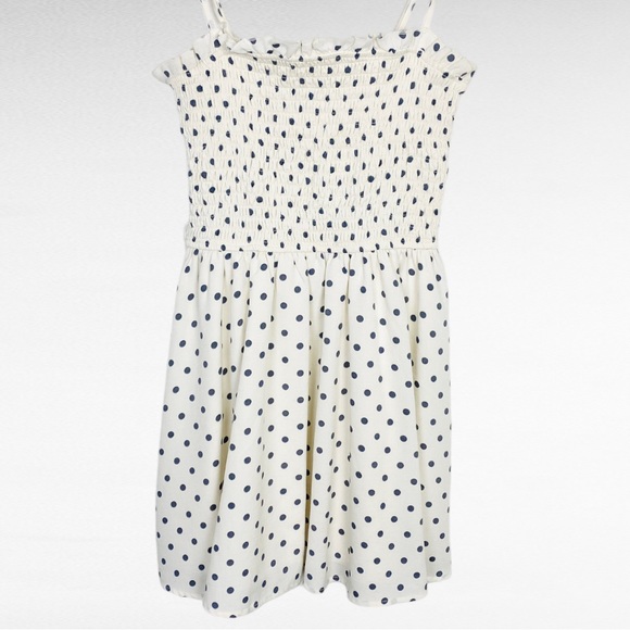 Francesca's Mi Ami | Ivory & Grey Polka Dot Belted Smocked Sleeveless Mini Dress - Picture 5 of 12